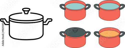 Illustration of Cooking Pots Black and White Outline, Orange, Blue, and Covered Red Pots