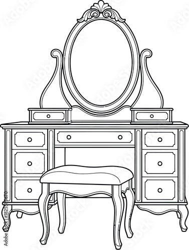 Ornate dressing table with mirror and stool, vintage furniture style