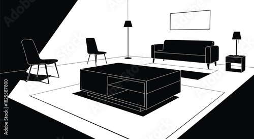 Minimalist living room with sofa, chairs, table