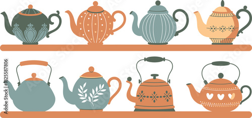 Illustration of Teapots and Kettles Displayed on Shelves with Decorative Patterns and Shapes