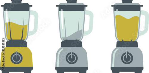 Isolated Illustration of Three Blenders One Yellow, One Grey, and One Filled With Yellow Juice