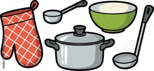 Kitchen Essentials Cartoon Illustration of Oven Mitt, Pot, Ladle, Measuring Spoon, and Bowl