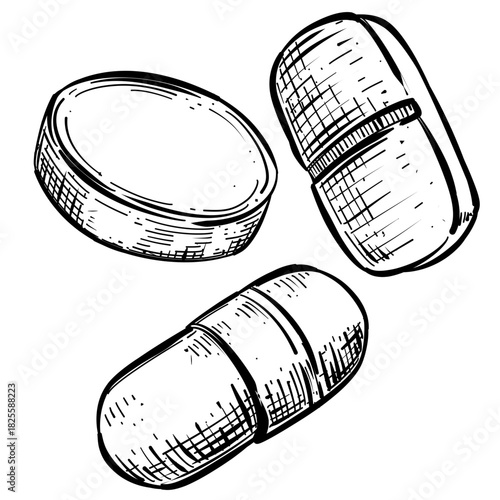 Capsule pill vector line art hand drawn illustration