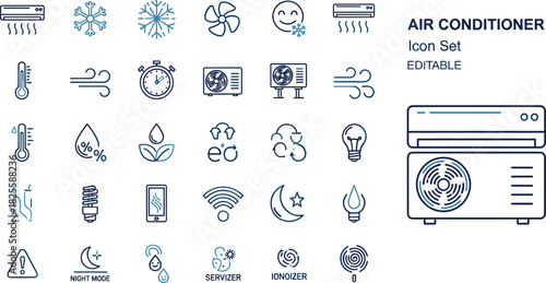 Air conditioner icon set, HVAC, climate control, temperature, cooling, fan, thermostat, and humidity vector symbols for home appliance.