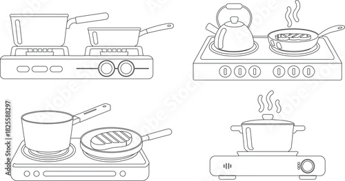 Kitchen Stoves and Cookware Line Art Illustration Featuring Pots, Pans, and Kettles Cooking