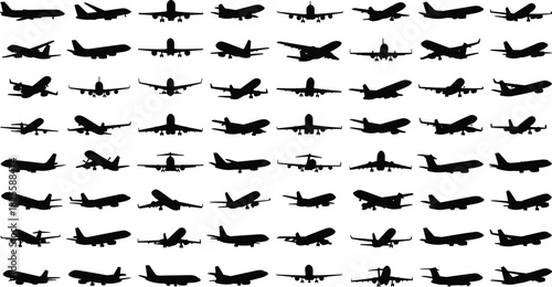 Airplane vector silhouette icon set, collection of airliner, passenger jet, and plane flying, landing, and taking off poses, travel, transport, and aviation graphic elements bundle.