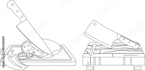 Line Art Butcher Knife, Cleaver, Ham Slices, Sauces, and Pepper on Wood Cutting Boards