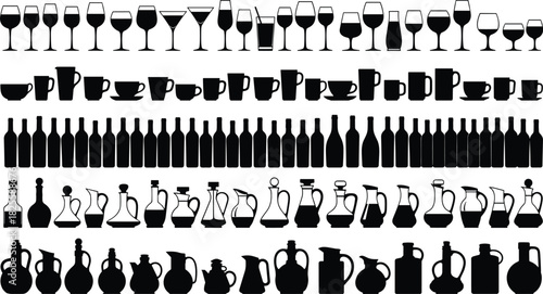 Beverage glass, bottle, cup, and jug silhouette set featuring various drink containers for wine, coffee, tea, and liquid serving black vector collection for bar, kitchen, and restaurant designs.