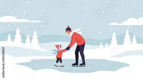Father and Child Ice Skating Together in Winter Wonderland