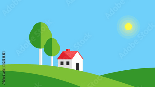 Stylized Illustration of a House on a Hill on a Sunny Day