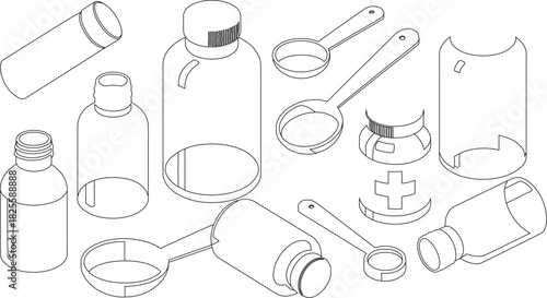 Line Art Depiction of Medicine Bottles, Measuring Spoons, and Dosing Cups for Liquids and Pills