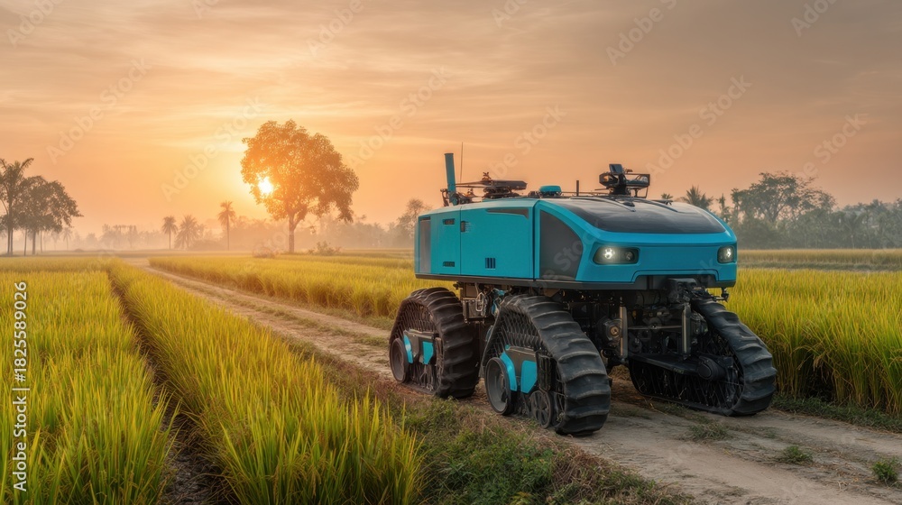 Naklejka premium Futuristic Agricultural Robot in Vibrant Rice Field at Sunset with Clear Sky and Lush Green Landscape
