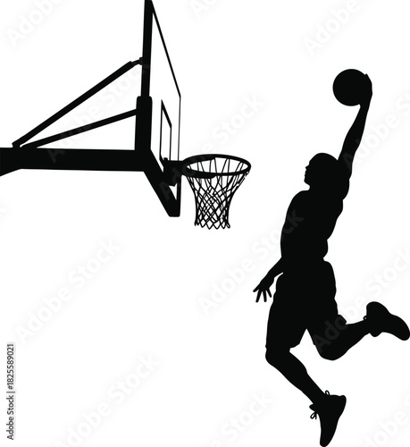 Basketball Player Jumping for Slam Dunk – Black and White Silhouette Vector Art