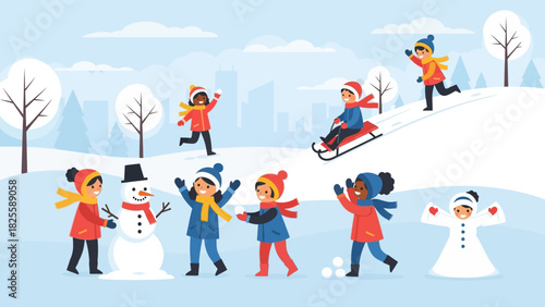Joyful children playing outdoors in a snowy winter scene, building a snowman and sledding down a hill.