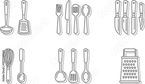 Line Art Illustration Featuring an Assortment of Kitchen Utensils Including Spoons, Knives, Whisk, and Grater