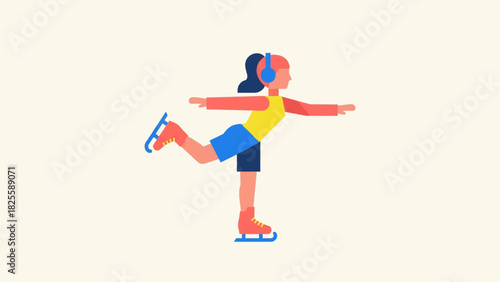 A girl listening music with headphone while ice skating in minimalist design style.