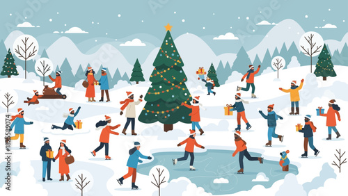 Festive Winter Scene with People Ice Skating and Decorating Christmas Tree