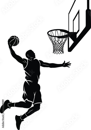 Basketball Player Jumping for Slam Dunk – Black and White Silhouette Vector Art