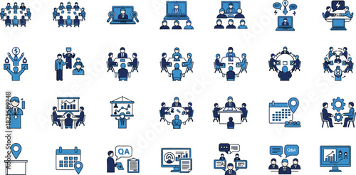 Business meeting icon set, team collaboration, conference, presentation, Q&A, and online discussion vector symbols for communication.