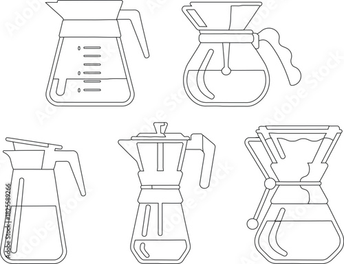 Line Art Illustration Five Coffee Brewing Methods, Including Pour Over and Moka Pot