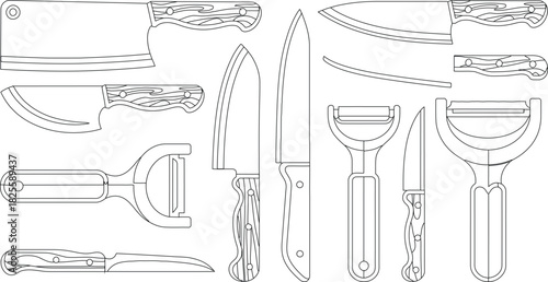 Line Art Illustration Kitchen Knives, Cleavers, and Peelers with Wood Handles