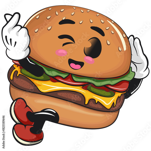 cute burger mascot character lying down sweetly while giving a sign of love, happy cartoon burger vector illustration, work of hand drawn