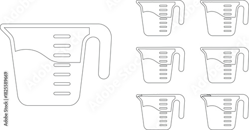Line Art Illustration Measuring Cups with Liquid at Various Levels, Kitchen Utensil Outlines