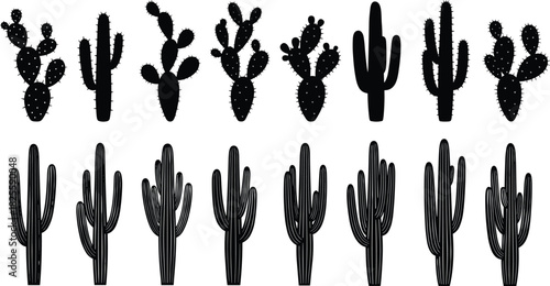 Cactus plant silhouette vector icon set featuring various types including Saguaro, prickly pear, and desert succulents black collection for nature, botany, Southwest, and arid landscape design.