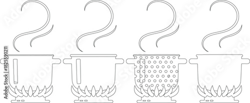 Line Art Illustration of Four Cooking Pots on Flames, One a Strainer, with Steam
