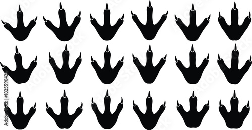 Dinosaur footprint vector silhouette set, black three-toed clawed raptor tracks collection, prehistoric animal fossil, paleontology, and monster graphic design elements bundle.