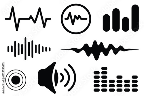 Sound wave vector icon set, showcasing audio graph spectrum designs, music production elements, voice recording frequency visuals,  symbols, and dynamic digital sound signal waveform graphics