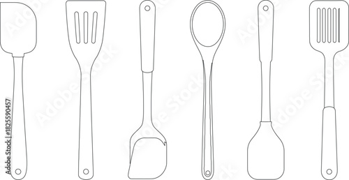 Line Art Illustration of Six Kitchen Utensils Spatulas and Spoon, Cooking Tools Set