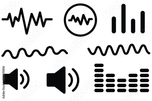Sound wave vector icon set, featuring audio graph spectrum designs, music production elements, voice recording frequency visuals, equaliser symbols, and modern digital sound signal waveform graphics f