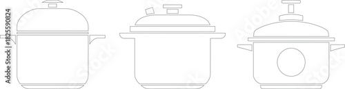 Line Art Illustration of Three Pots with Lids and Different Features, in a Row