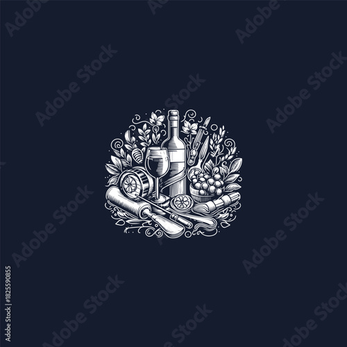 wine bottle and glass with food, black and white clip art preview