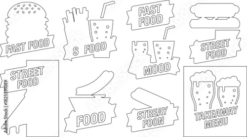 Line Art Illustrations Fast Food, Street Food, Takeaway Menu, Mood, Drinks, and Sausage Outlines