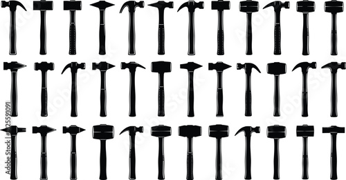 Hammer tool silhouette set featuring various types including claw, sledge, ball-peen, and cross-peen hammers black vector collection for construction, carpentry, repair, and workshop design.