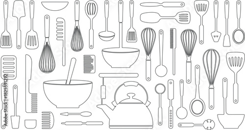 Line Art Kitchen Utensils Whisk, Spatula, Ladle, and More Cooking Equipment Illustration