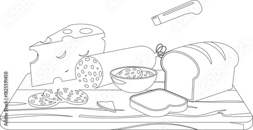 Line Art of Cheese, Salami, Bread, and Knife on a Wooden Cutting Board
