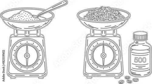 Line Art of Coffee Beans, Powder, Scale, Spoon, and a Bottle of Oil