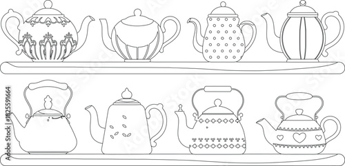 Line Art of Decorative Teapots Arranged on Two Shelves, Ready for Coloring or Design Projects