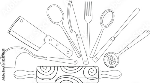 Line Art of Kitchen Utensils Rolling Pin, Ladle, Knife, Fork, and Spoons Composition