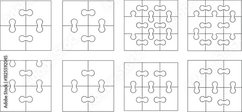 Jigsaw puzzle template vector set, blank pieces connection line outline collection, 4-piece and 9-piece arrangement symbols, game, solution, and business concept graphic element bundle.