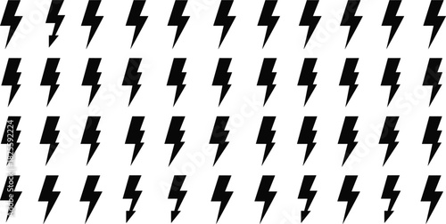 Lightning bolt thunder flash seamless vector pattern background with electricity, power, energy, thunderbolt, dynamic, speed, and modern wallpaper design in a repeating black and white illustration.