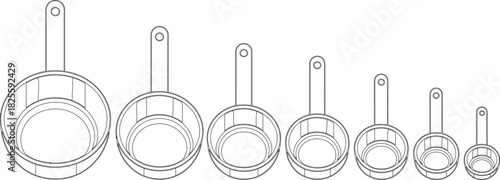 Measuring Cups Outline Graduated Sizes Kitchen Utensils with Handles, Minimalist Line Art Illustration