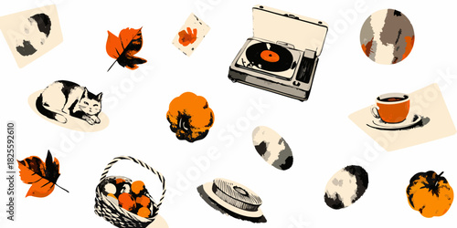 Cozy autumn still life illustration with cat vinyl player and fall elements
