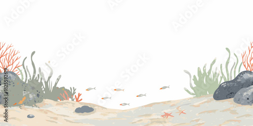 Watercolor ocean floor scene with fish seaweed and starfish decoration