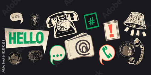 Hand drawn communication icons on dark background with retro and modern symbols