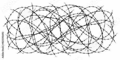 Tangled barbed wire fence on white background security and restriction concept