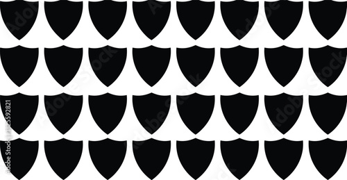 Seamless pattern of black shield silhouettes, heraldic crest and badge vector background, security, protection, and defense graphic texture, medieval and coat of arms design.
